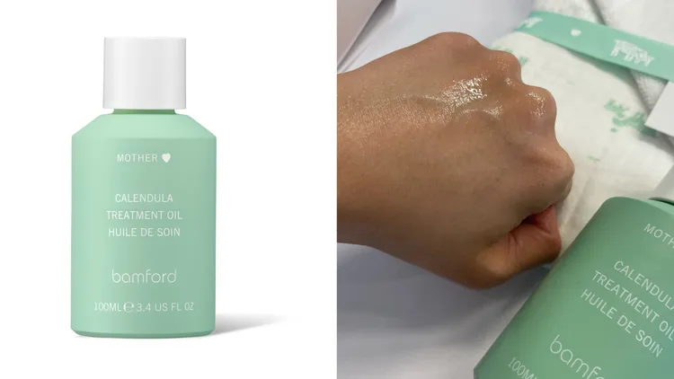 媽媽孕肚撫紋按摩油，添加有玫瑰果油、酪梨油、金盞花萃取物、天竺葵精油、TASMANOL成分，100ml／1100元。左圖品牌提供、右圖張家玲攝