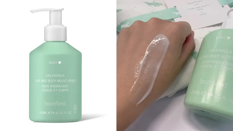 Bamford寶寶溫和潤膚乳，包含有機杏桃果、金盞花、紅石榴與甜杏仁油，250ml／900元。左圖品牌提供、右圖張家玲攝