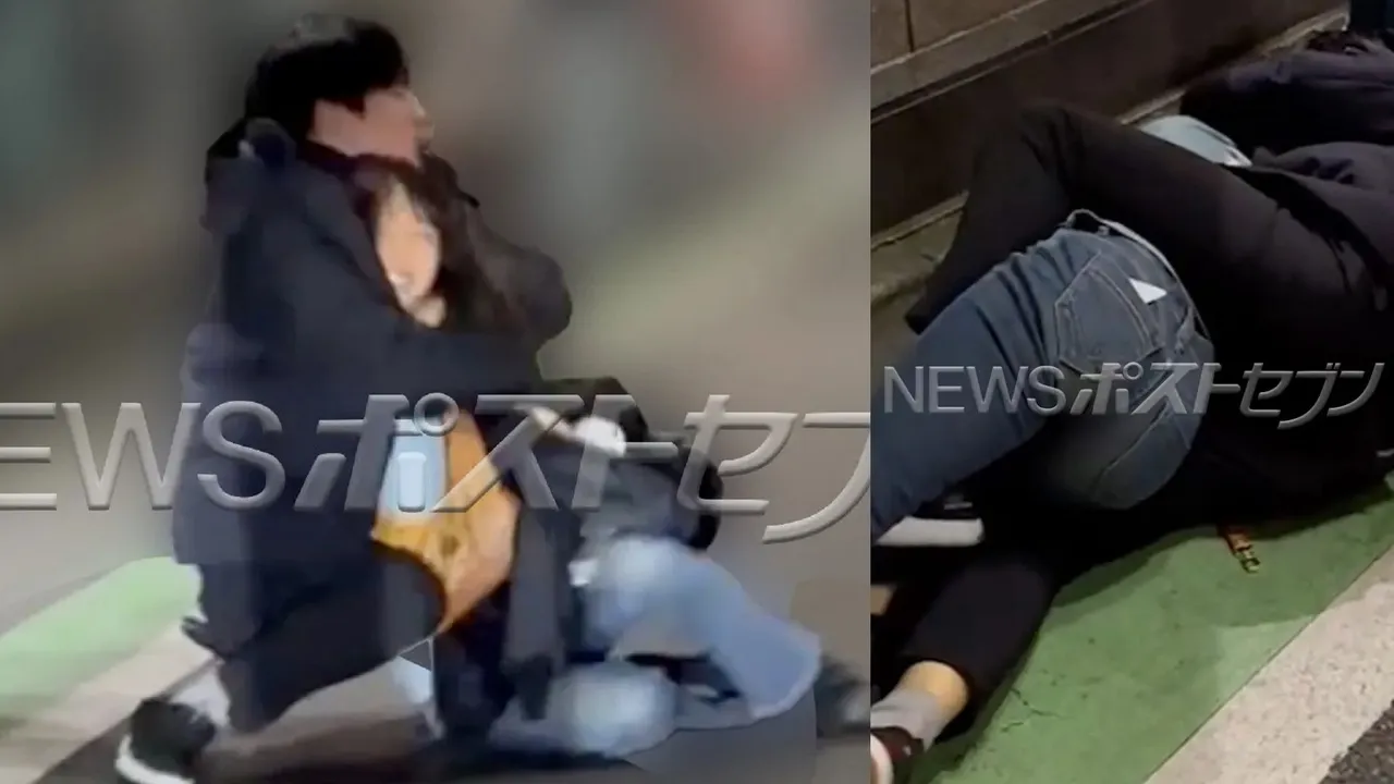 森千晴和佐佐木一真在街頭玩摔角,纏成麻花捲。翻攝《NEWS POST SEVEN》