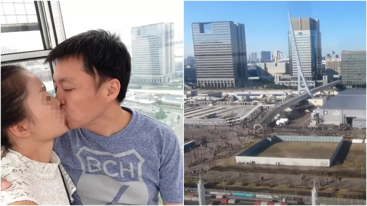 趙天麟摩天輪激吻照背景的大樓(左圖)，對比謝克洋PO出日本東京台場摩天輪所在地的地點旁大樓，外觀極為雷同。翻攝自謝克洋臉書