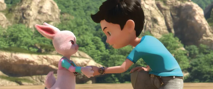 車皓（右）《劇場版 衝鋒戰士：搶救月球大作戰》幫助兔子族找回村莊。華藝娛樂提供