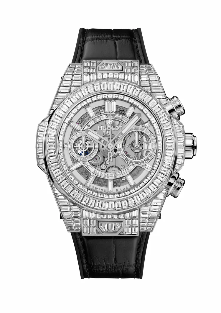 Big Bang Unico白金方鑽計時碼錶，鑲嵌324顆方鑽，總重17.2克拉。品牌提供
