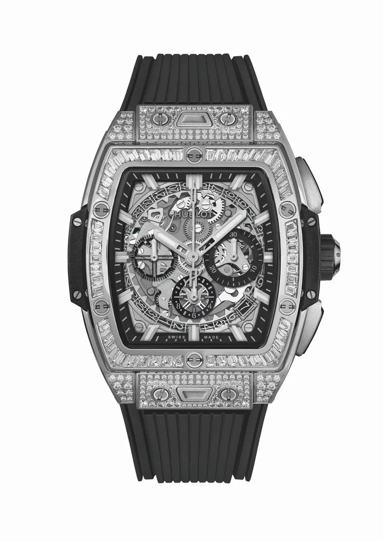Spirit of Big Bang白金方鑽計時碼錶共鑲嵌321顆鑽石，總重16.5克拉。品牌提供