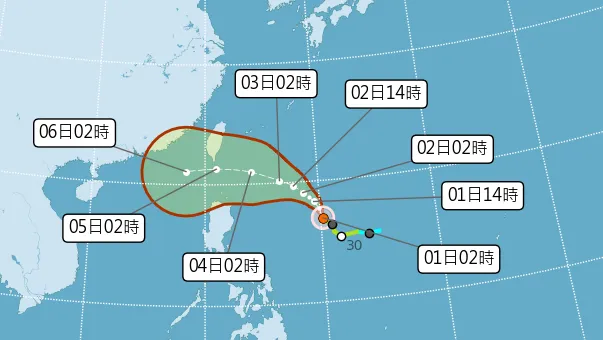小犬颱風預測其路徑將從巴士海峽附近通過，接近台灣海域的機會最大。取自氣象局網站