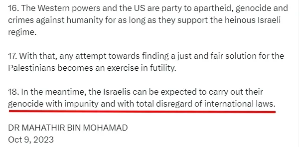 馬哈地指以色列人可能會進行種族滅絕卻免於懲處，完全無視國際法。翻攝X（推特）Dr Mahathir Mohamad@chedetofficial