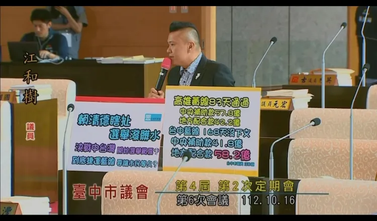 民眾黨市議員批評中央對台中有差別待遇。翻攝台中市議會直播