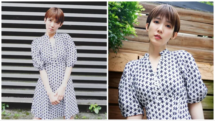 孫可芳穿著澎袖圖騰印花洋裝。翻攝孫可芳IG