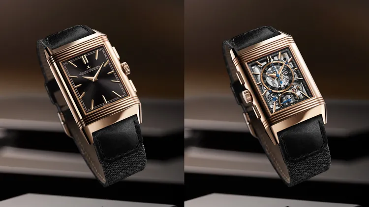 金宇彬所演繹的Reverso Tribute Chronograph翻轉系列計時腕錶精鋼款。品牌提供