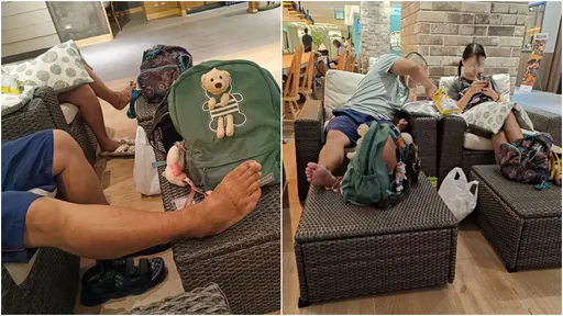 百貨連假亂象！情侶赤腳抬上桌「饋咖」　還嗆這句讓人傻眼