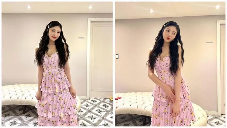 Joy身穿Self-Portrait印花洋裝，2萬800元。翻攝Joy IG