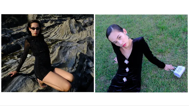 燙鑽洋裝2萬2800元（左起）、天鵝絨V領洋裝2萬800元、亮片蝴蝶結手拿包1萬8800元。品牌提供