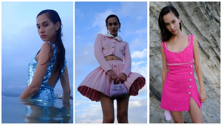 亮片V領洋裝2萬4800元（左起）、毛領針織上衣1萬8800元和針織百褶短裙1萬4800元、海棠紅粗花呢洋裝2萬800元。品牌提供