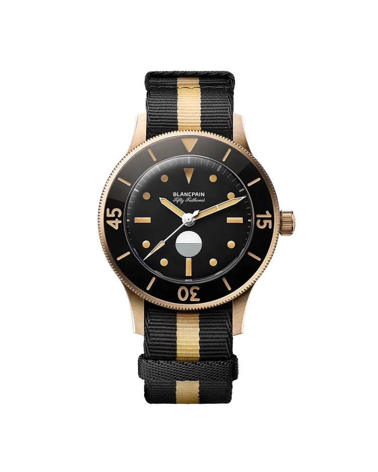 寶珀五十噚70周年紀念Act 3腕錶，41.3mm，9K青銅金錶殼，濕度指示計黑色錶面，雙色NATO錶帶，1154.P2型機芯，動力儲存100小時，防水深度300米，全球限量555只。品牌提供