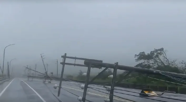 連接恆春滿州的200縣道，路旁電線桿「刷一排」全倒，目測至少13支電桿。翻攝社會事新聞影音群組