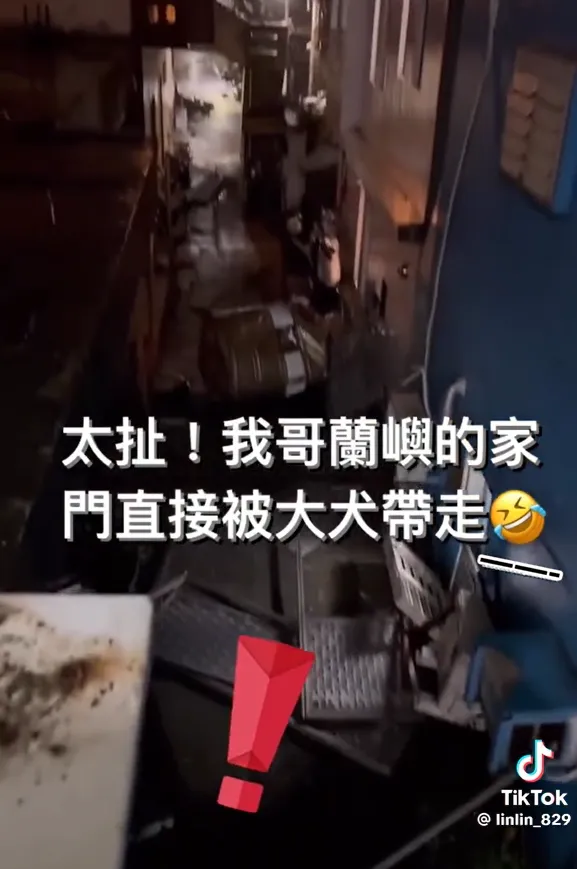 除了鋁門被吹飛外,屋外也可見水塔砸落地面。翻攝自linlin_829抖音