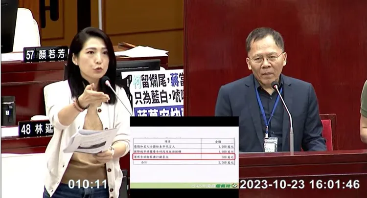 議員鍾佩玲質疑熊讚行銷費用浮編，成觀傳局小金庫提款機。翻攝議會直播畫面