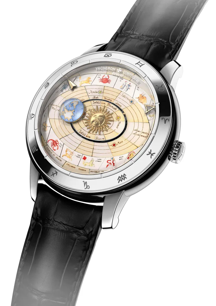 藝術大師系列哥白尼天體球2460 RT腕錶，43毫米，18K白金錶殼，18K 5N金質壓花太陽錶面（22K金，大明火琺瑯，內填大明火琺瑯地球），黑色雙層密西西比鱷魚皮錶帶，2460 RT自動上鍊機械機芯，動力儲存40小時。品牌提供