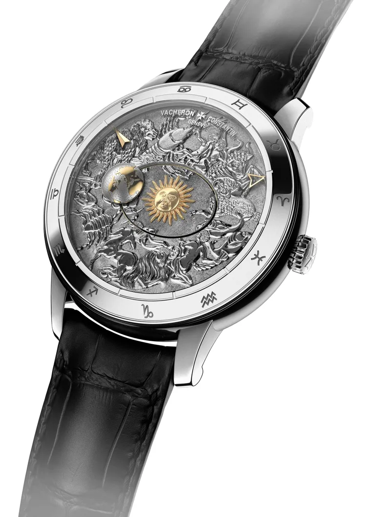 藝術大師系列哥白尼天體球2460 RT腕錶，43毫米，18K白金錶殼，18K 5N金質壓花太陽錶面（18K金，手工雕刻錶盤和地球），黑色雙層密西西比鱷魚皮錶帶，2460 RT自動上鍊機械機芯，動力儲存40小時。品牌提供