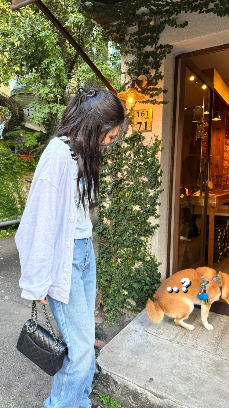 秀英在街頭巧遇正準備要「解放」的柴犬。翻攝秀英IG