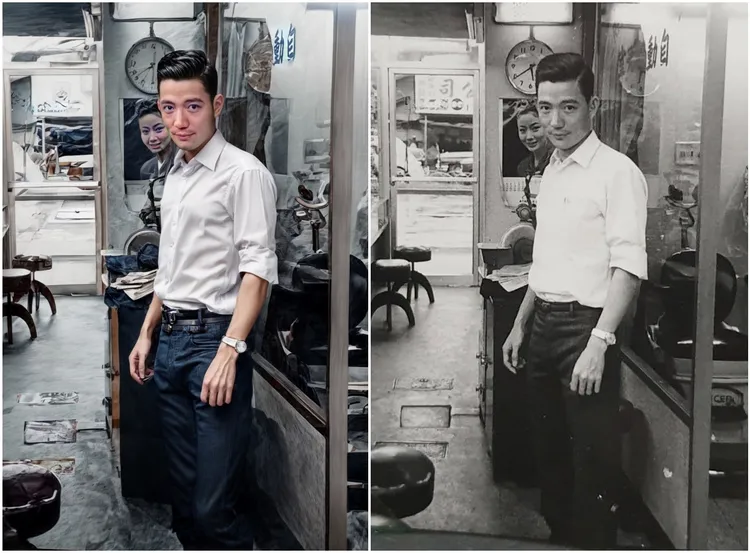 眼鏡行老闆的腿部原本在照片中是有被店內桌面遮擋住的。臉書粉專「Tony的老照片修復」提供