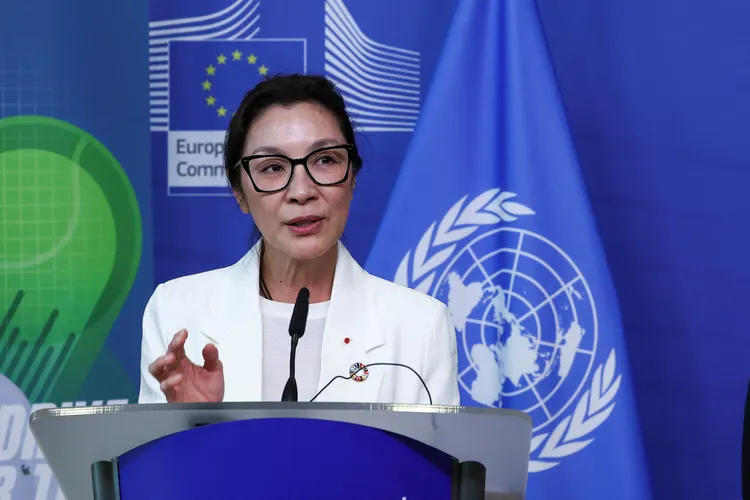 楊紫瓊上月底在歐盟總部發表演說。路透社