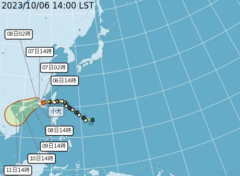 小犬颱風預估走向。取自氣象署網站