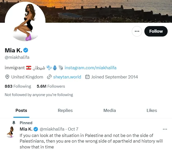 米婭卡莉法將支持巴勒斯坦的發文置頂。翻攝自推特（Ｘ）Mia K.