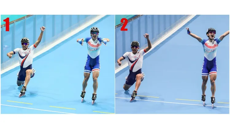 黃玉霖(左)見南韓選手(右)提前慶祝，努力衝刺最後差0.01秒逆轉奪金。左中華奧會提供，右中央社
