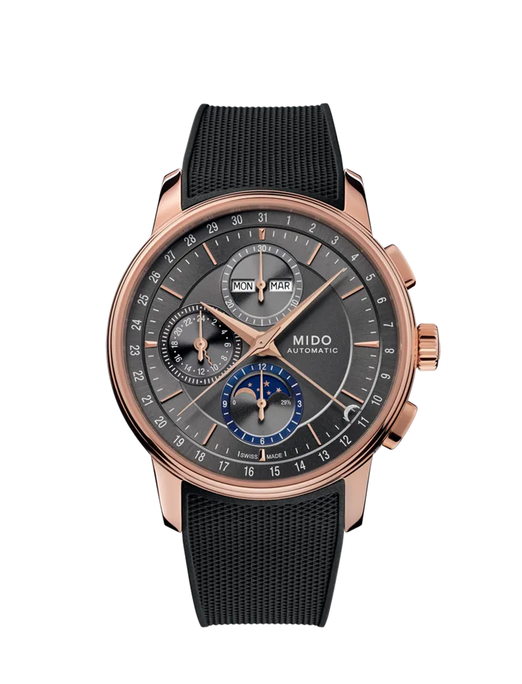 MIDO Baroncelli lll Chronograph Moonphase永恆系列月相計時碼錶，42mm，PVD玫瑰金不鏽鋼錶殼，絲光打磨巧克力色太陽放射髮絲紋錶面，快拆式黑色特殊織物裝飾橡膠錶帶，MIDO Caliber 60自動上鍊機芯，動力儲存60小時，防水深度30米，9萬4700元。品牌提供