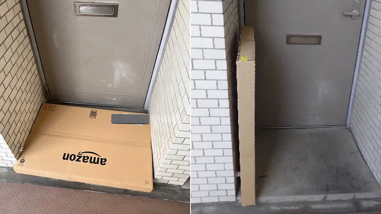 むく表示，送貨員一開始應該是豎放包裹。翻攝自むく推特