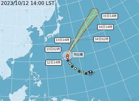 布拉萬颱風預估走向。取自氣象署網站