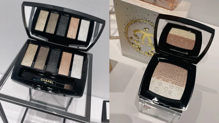 亮片刺繡五色眼影與亮片刺繡煥采盤，粉體上都有精美的刻紋。張家玲攝