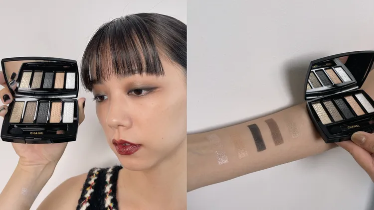 Model示範亮片刺繡五色眼影以及手部試色。張家玲攝