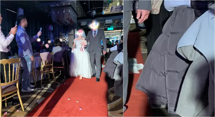 照片可見賓客穿羽絨外套，因此引起人質疑照片真偽。翻攝自匿名公社