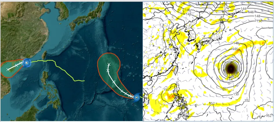 「輕颱布拉萬」在關島東南方海面,未來5天向西轉西北西再逐漸轉北、朝日本南方海面前進;「小犬」在香港南方海面,向西緩慢移動,再向海南島前進。
右圖:最新(7日20時)歐洲(ECMWF)模式13日20時模擬圖顯示,「布拉萬」在日本南方海面,有向東北迴轉、加速遠離的趨勢;另一熱帶擾動則通過菲律賓、進入南海後,逐漸發展。(擷自tropical tidbits)取自氣象應用推廣基金會