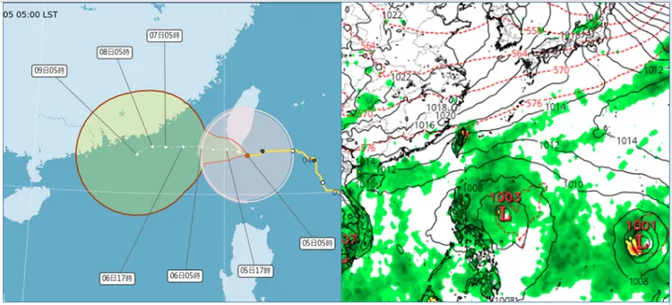 最新(5日5時)中央氣象署「路徑潛勢預測圖」(左圖)顯示，「中颱小犬」在台灣南端附近，將進入台灣海峽南部，繼續偏西前進。最新(4日20時)歐洲(ECMWF)模式10日20時模擬圖(右圖)顯示，熱帶擾動在呂宋島東側發展並向西移動；另一擾動在關島附近醞釀。(右圖擷自tropical tidbits)。翻攝「三立準氣象·老大洩天機」專欄