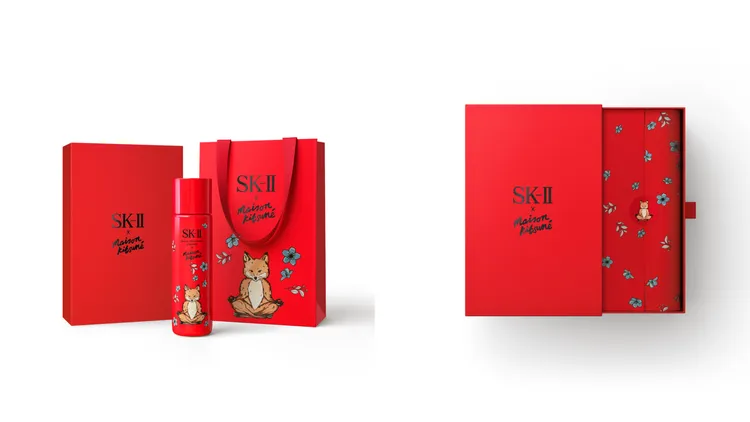 SK-II x Maison Kitsuné青春露，包裝紙與紙袋都別有用心。品牌提供