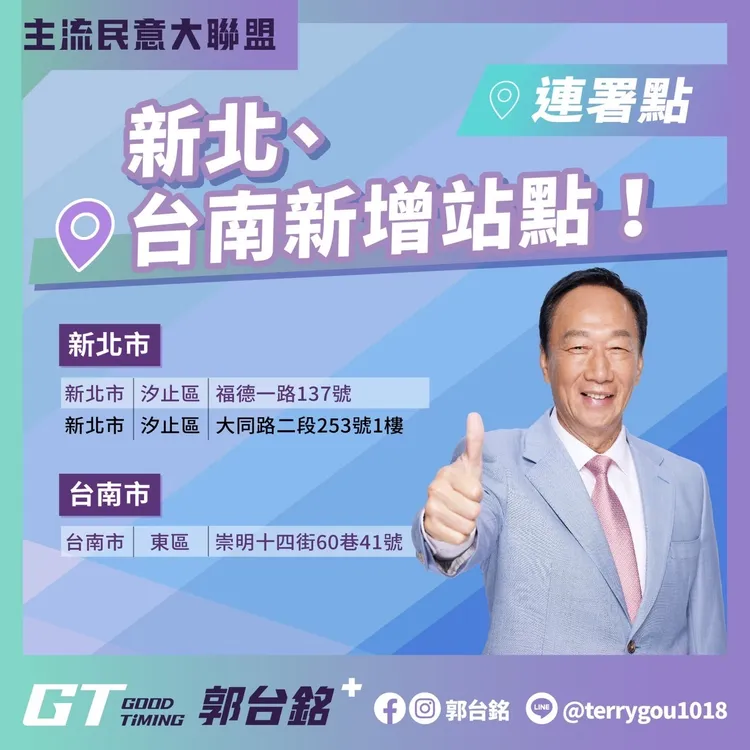 郭台銘宣布增加新北汐止2連署站點、台南1站點。翻攝自郭台銘臉書