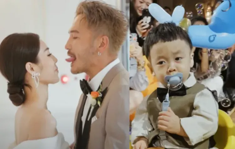 KID熱情伸舌，木木當超萌花童。翻攝野人七號部落YT