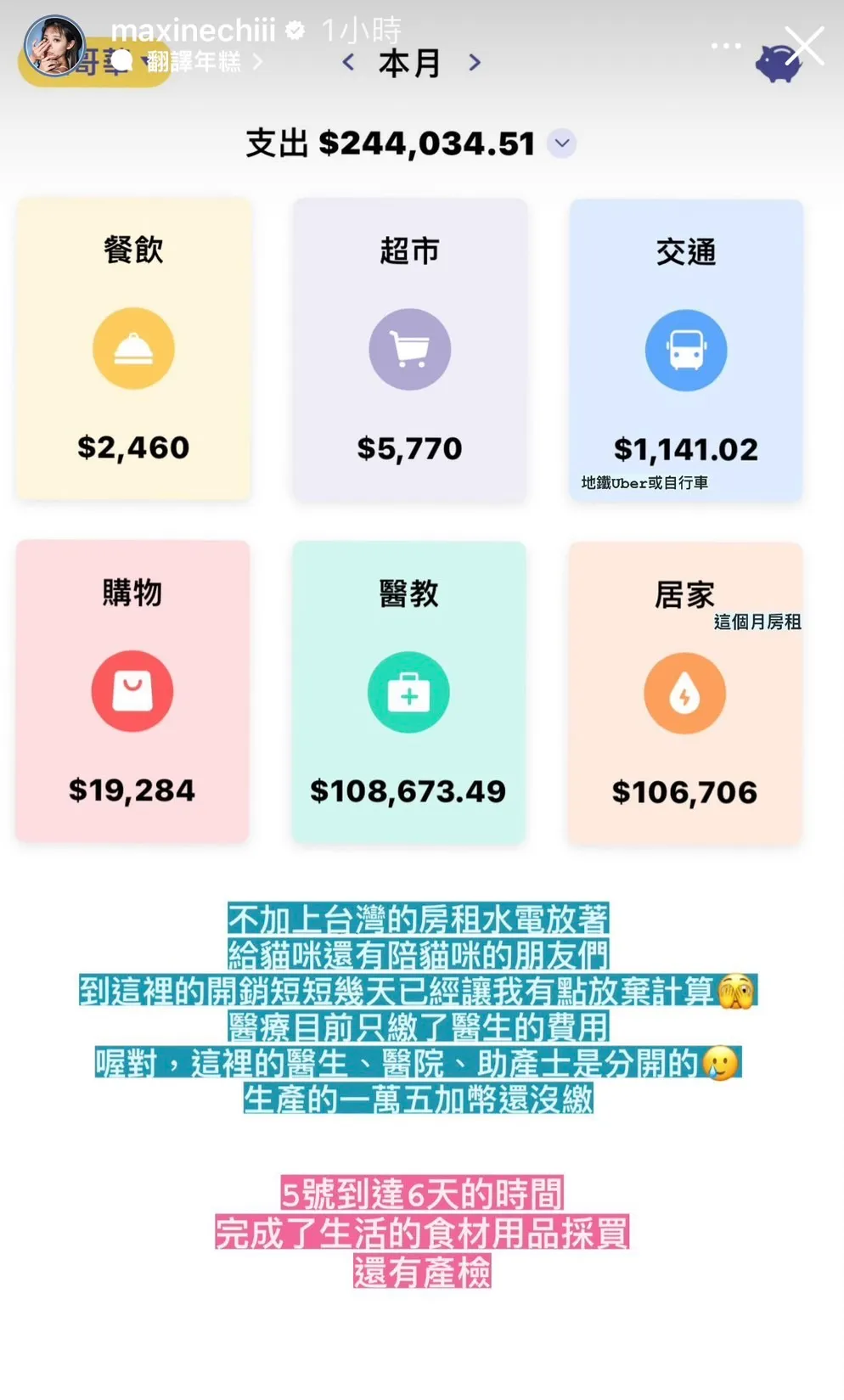 祈錦鈅10月過不到一半,她曬出已支出的金額。翻攝祈錦鈅ig