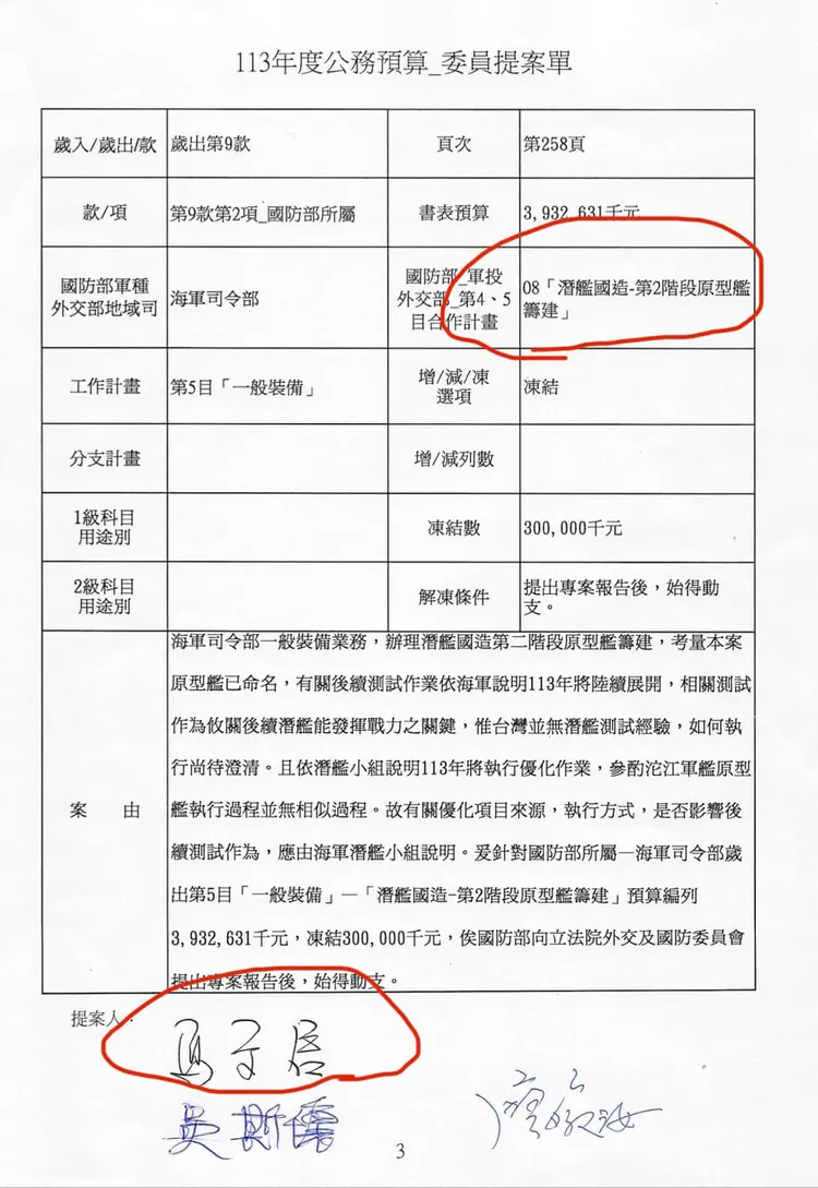 趙天麟曝光馬文君的杜傑預算提案，連國民黨立委吳斯懷、廖婉汝的簽名都在其中。趙天麟辦公室提供