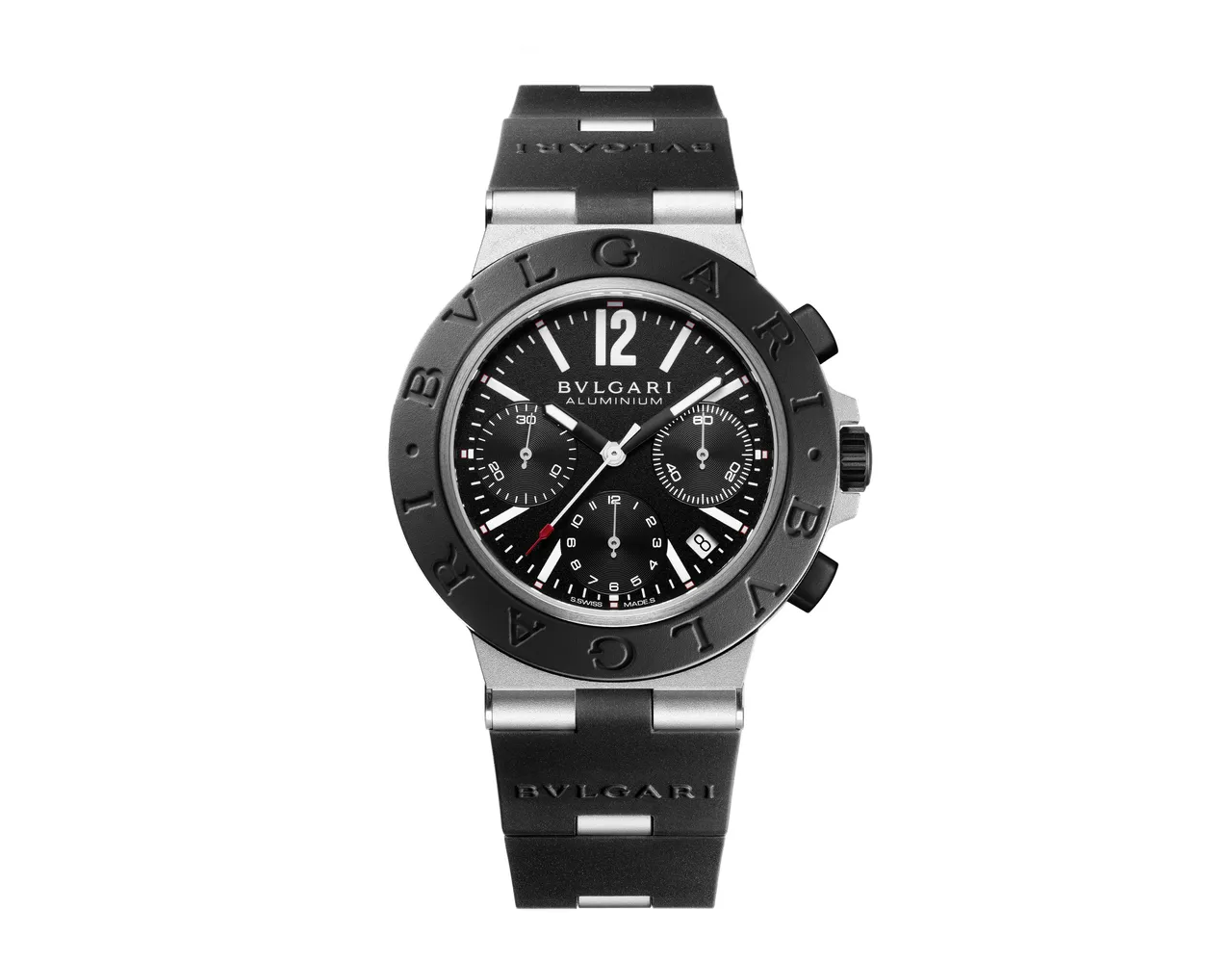 Aluminum Chronograph計時腕錶,41mm,鋁合金錶殼,黑色橡膠錶帶搭配鋁合金鍊結,自動上鍊計時機芯B381,動力儲存42小時,防水深度100米。品牌提供