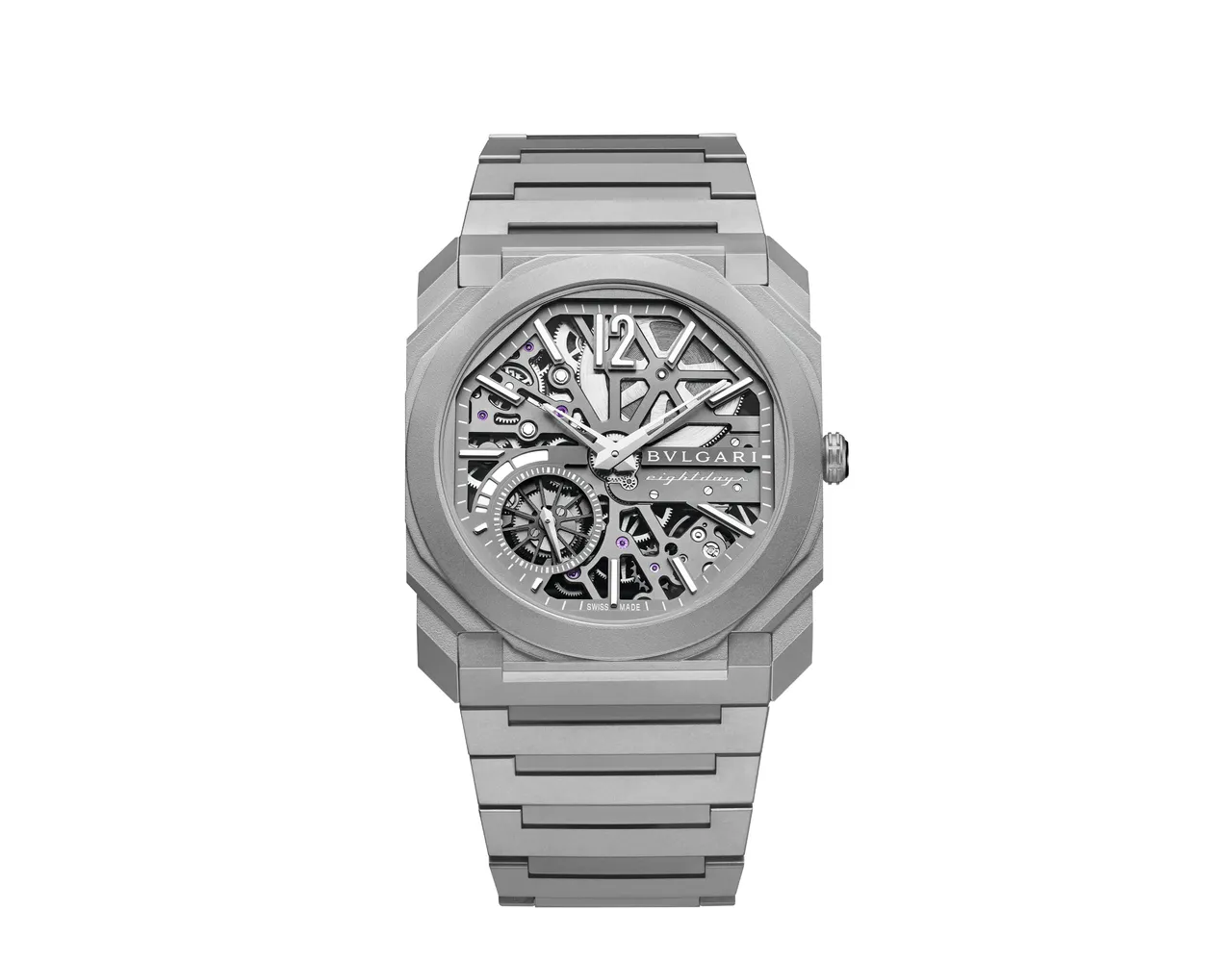 Octo Finissimo Skeleton 8 Days鈦金屬鏤空八日腕錶,40mm,鈦金屬錶殼,鈦金屬錶帶,BVL 199 SK 超薄機械手動上鍊機芯,動力儲存192小時,防水深度30米。品牌提供