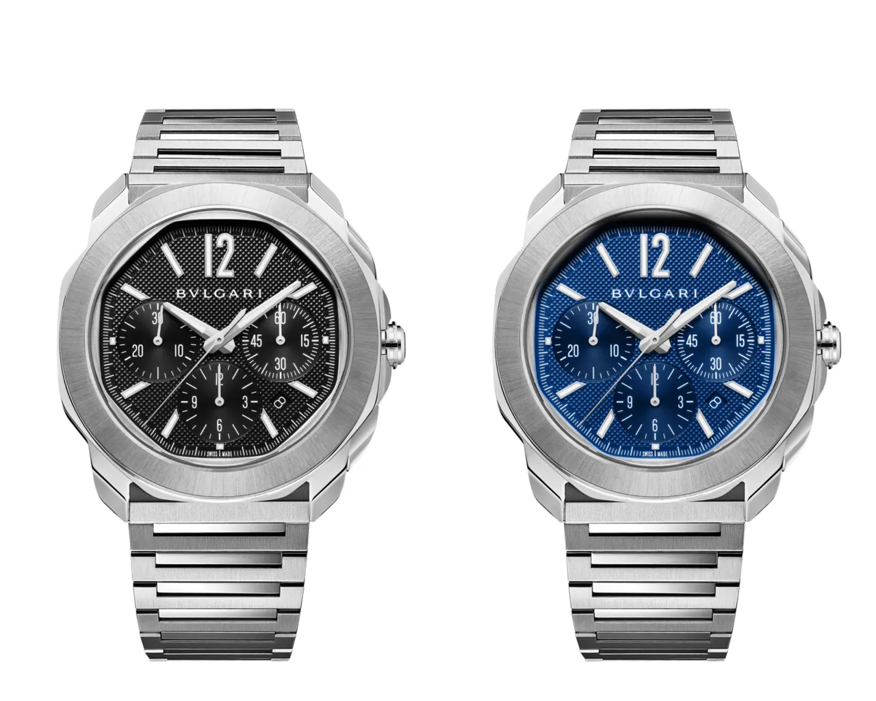 Octo Roma Chronograph計時腕錶,42mm,精鋼錶殼,巴黎飾紋錶面,拋光與緞面拋光精鋼錶鍊,BVL 399 自動上鍊機械機芯,動力儲存42小時,防水深度100米。品牌提供