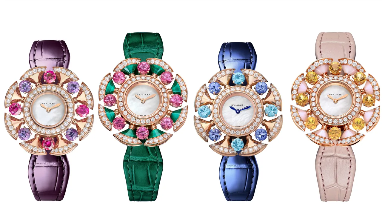 Divas' Dream珠寶腕錶,33mm,玫瑰金錶殼,白色珍珠母貝錶面,鱷魚皮錶帶,寶格麗精準石英機芯,防水深度30米。品牌提供