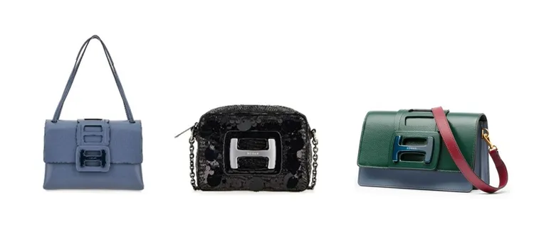 左起：霧灰藍牛皮肩揹包（ NT29,000）、黑色亮片皮革鍊帶包（NT28,000）以及森林綠皮革牛皮肩揹包（ NT34,000）