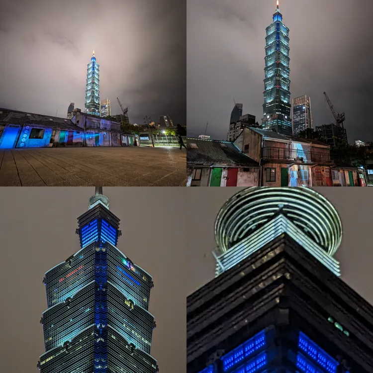 Pixel 8 Pro夜晚攝影倍數狀況，左上為0.5倍，右上為1倍，左下為2倍，右下為5倍。陳怡文攝