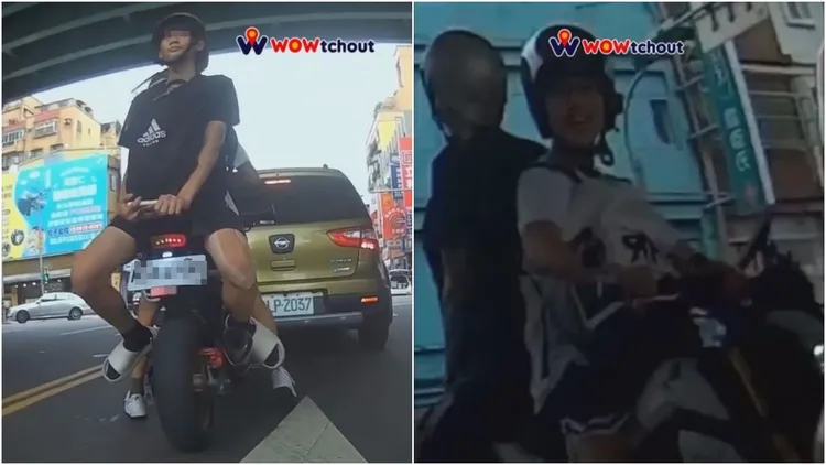 機車乘客面向後方乘坐，駕駛的騎士盯著超車的機車騎士行車記錄器露出笑容，疑似也知道引起他人注意。翻攝自YT頻道「WoWtchout - 地圖型行車影像分享平台」