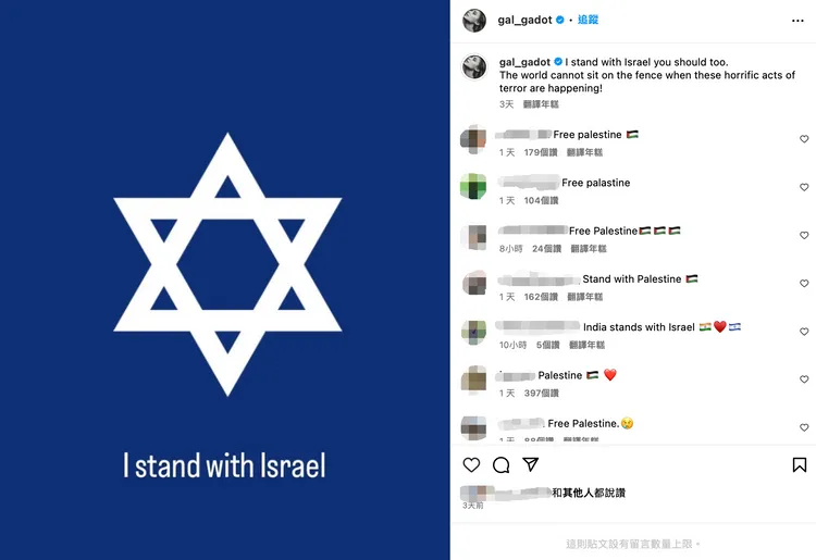 蓋兒加朵遭洗版「解放巴勒斯坦」。翻攝自gal_gadot IG