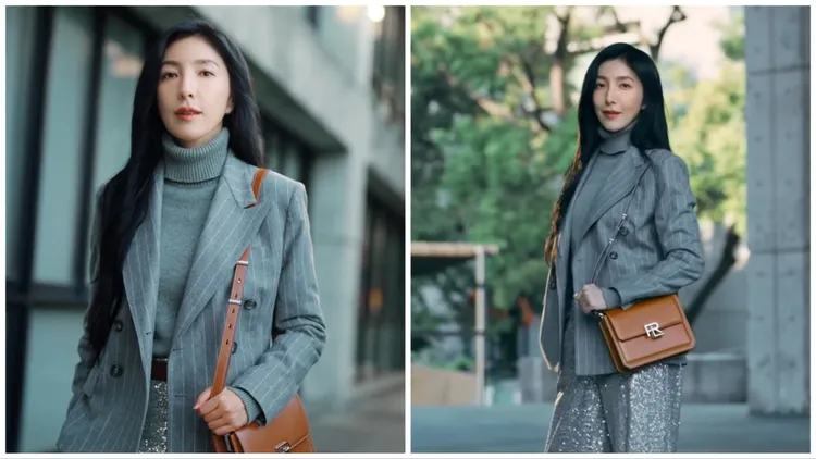 楊謹華換上幹練灰色西裝化身為都會獨立女性。品牌提供